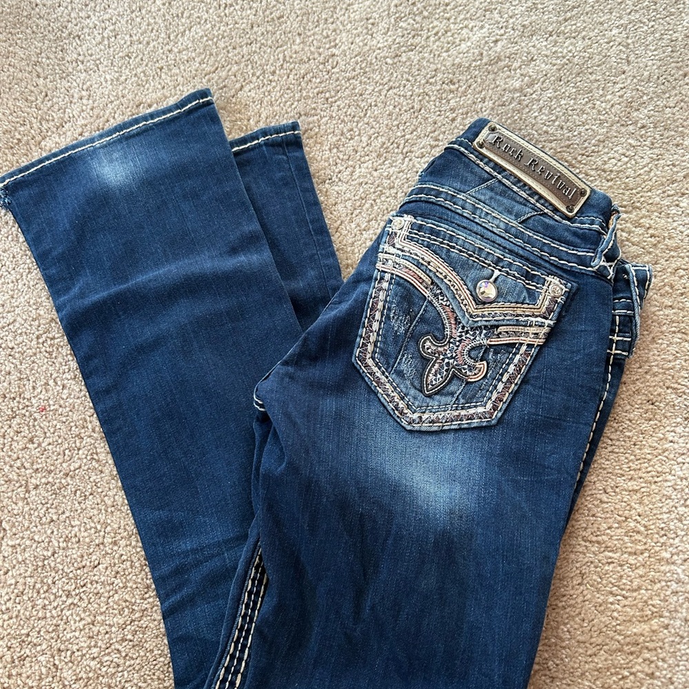 Rock Revival Blue Boot Cut Jeans with Decorative Stitching